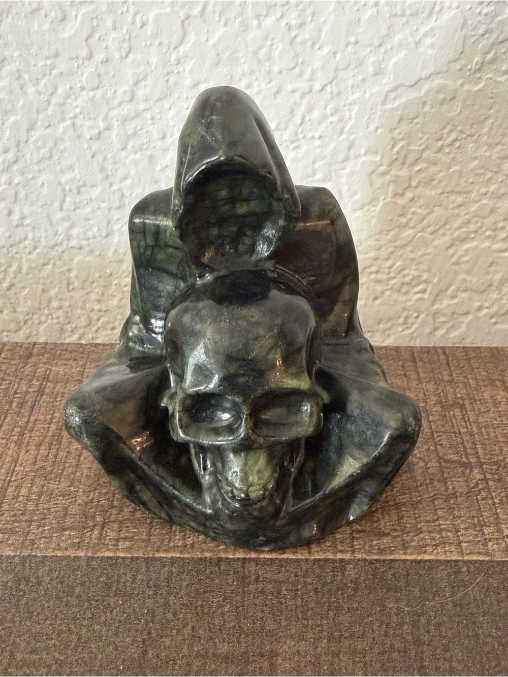 Green Jade Grim Reaper Holding Skull Crystal Carving Gothic Spooky Decor